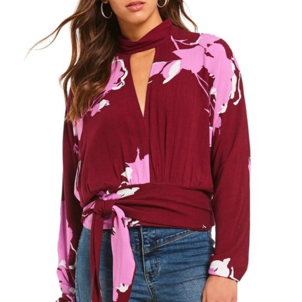 Free People Say You Love Me Floral Keyhole Wrap Blouse Plum Size S